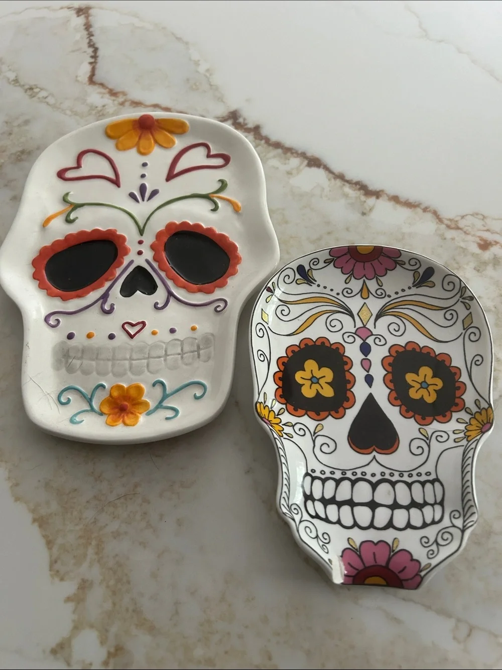 Set of 2 Skull Decorative Trinket Dishes - White with Multicolor Accents